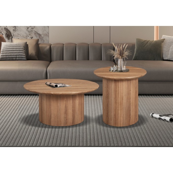 Table basse collection VAGOS effet chêne vieilli diamètre 50 cm