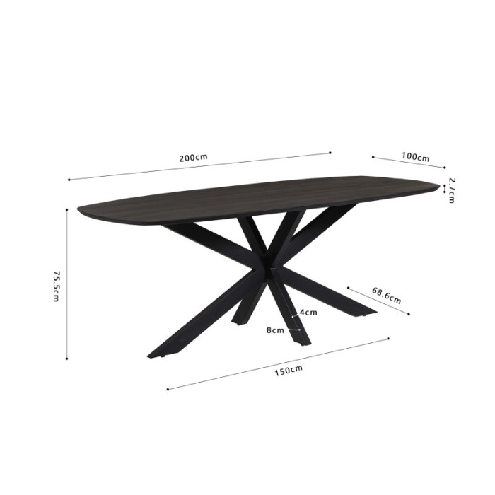 Table à manger BELLA longueur 200cm en bois brut exotique mangolia noir
