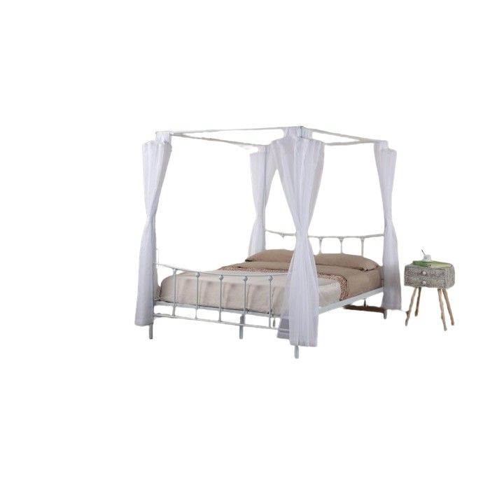 Lit baldaquin 140 x 200 cm en métal coloris blanc et voilage blanc inclus.