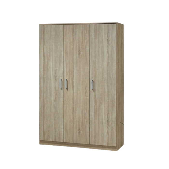 Armoire\Garde robe BARTIN, 3 portes, contemporaine chêne Sonoma et poignées grises.