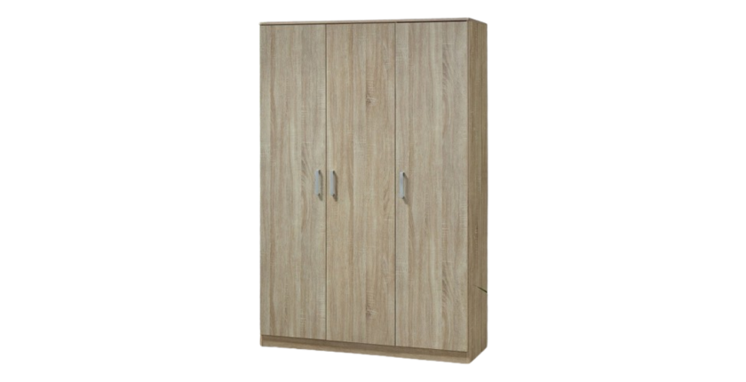 Armoire\Garde robe BARTIN, 3 portes, contemporaine chêne Sonoma et poignées grises.