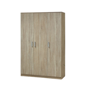 Armoire\Garde robe BARTIN, 3 portes, contemporaine chêne Sonoma et poignées grises.