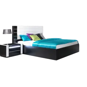 Lit adulte 180cm design LINA noir et blanc brillant + tête de lit en simili cuir