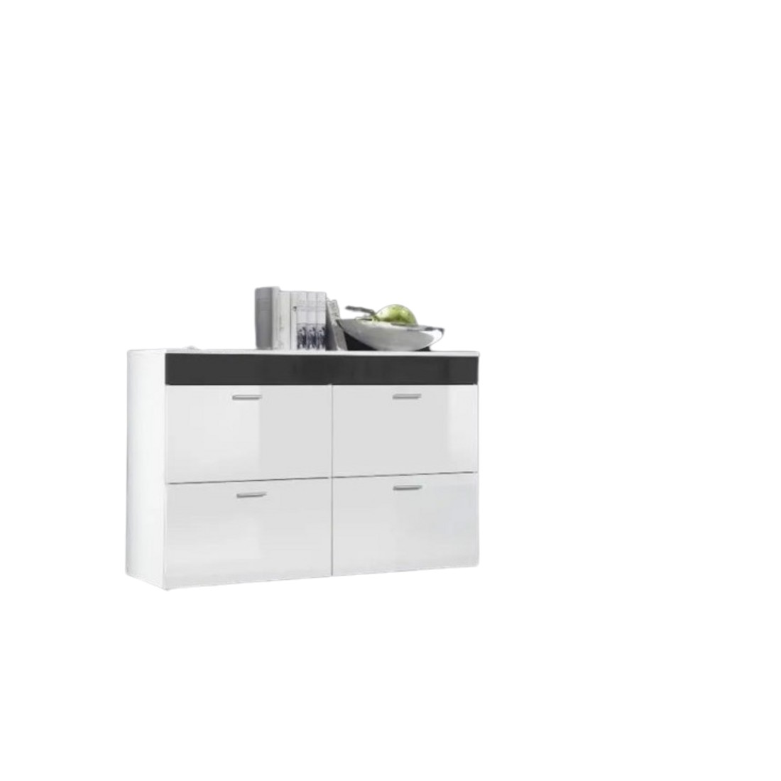 Commode design LOGO, 4 portes Coloris blanc brillant et bande grise brillante