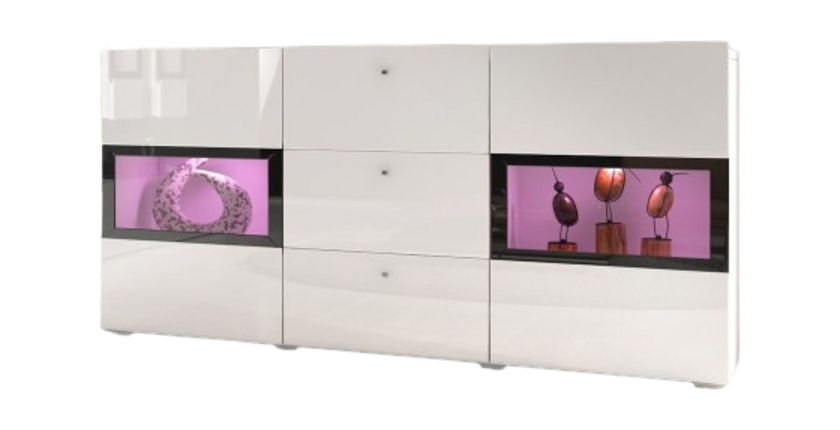 Ensemble de 7 meubles de salon collection RAMOS. Couleur blanc brillant.