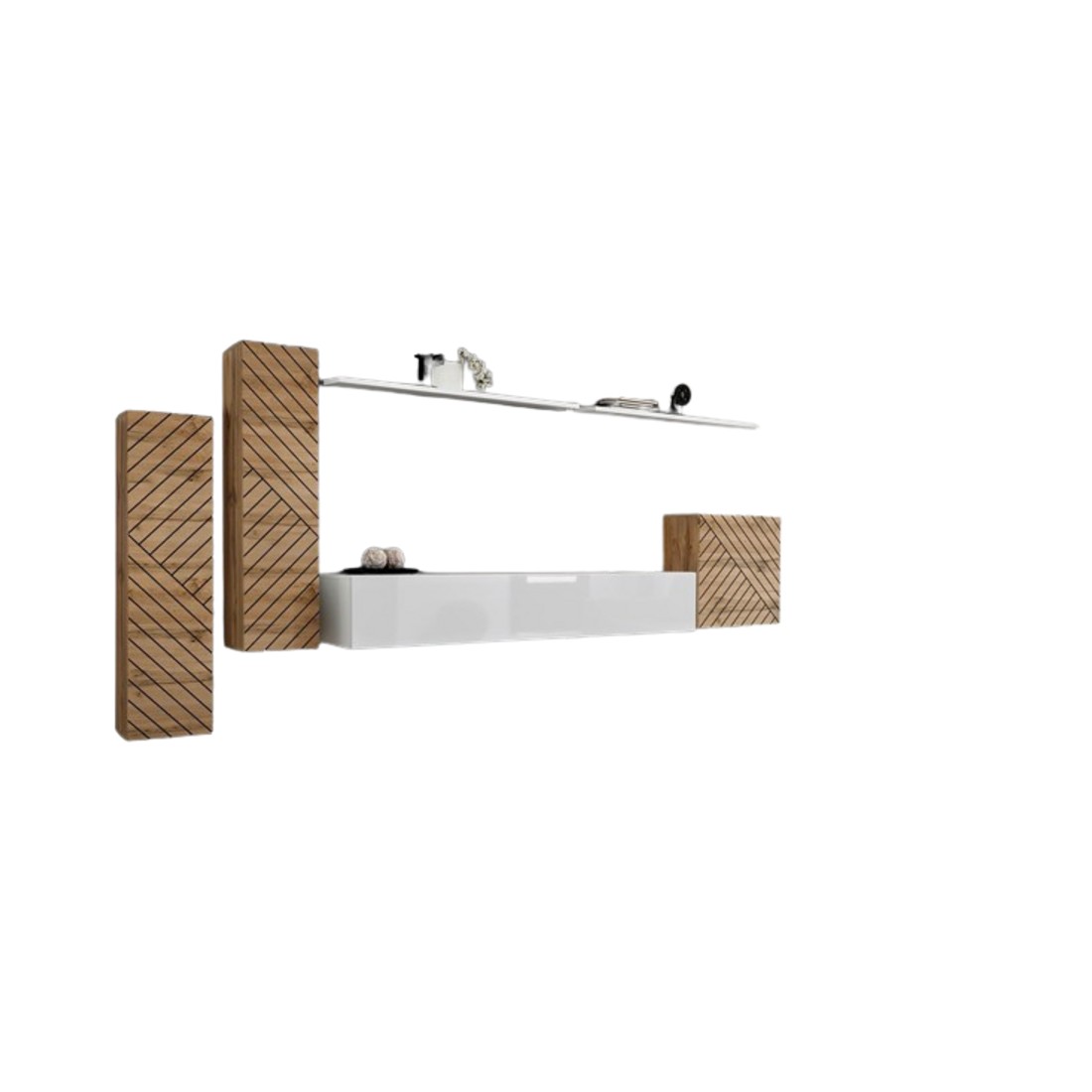Ensemble meuble salon SWITCH I design, coloris chêne wotan et blanc. Finitions effet chêne fraisé.