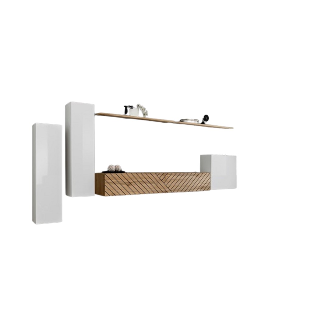 Ensemble meuble salon SWITCH I design, coloris blanc et chêne Wotan. Finitions effet chêne fraisé.