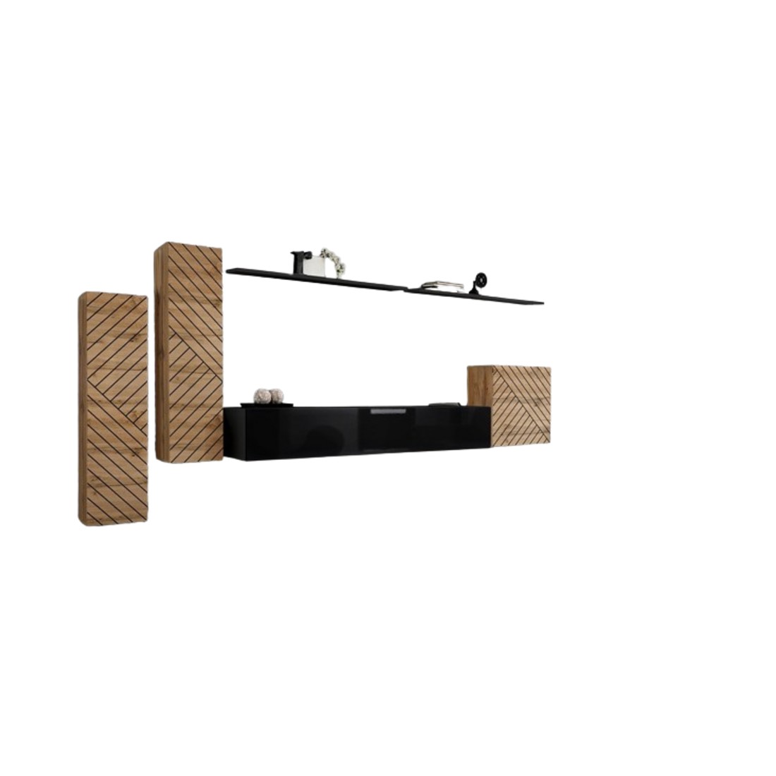 Ensemble meuble salon SWITCH I design, coloris chêne wotan et noir. Finitions façades effet chêne fraisé.