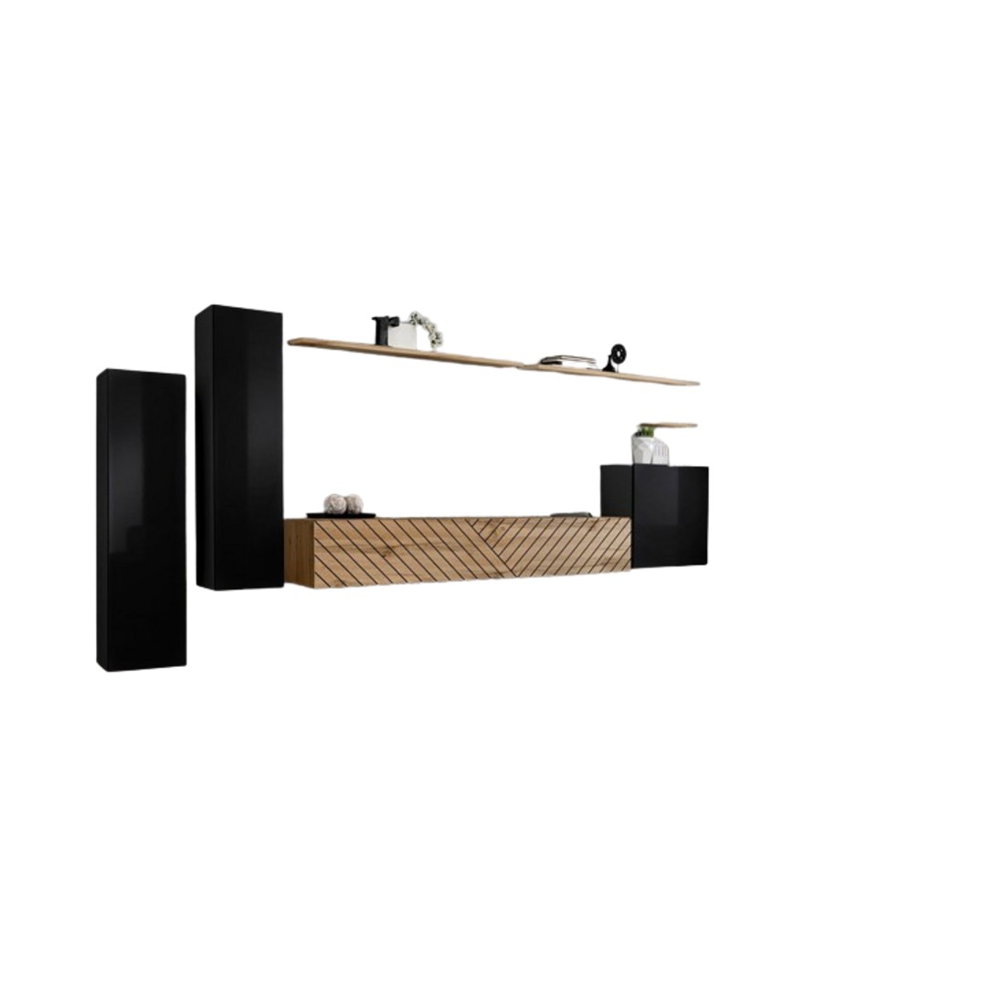 Ensemble meuble salon SWITCH I design, coloris noir et chêne wotan. Finitions effet chêne fraisé.