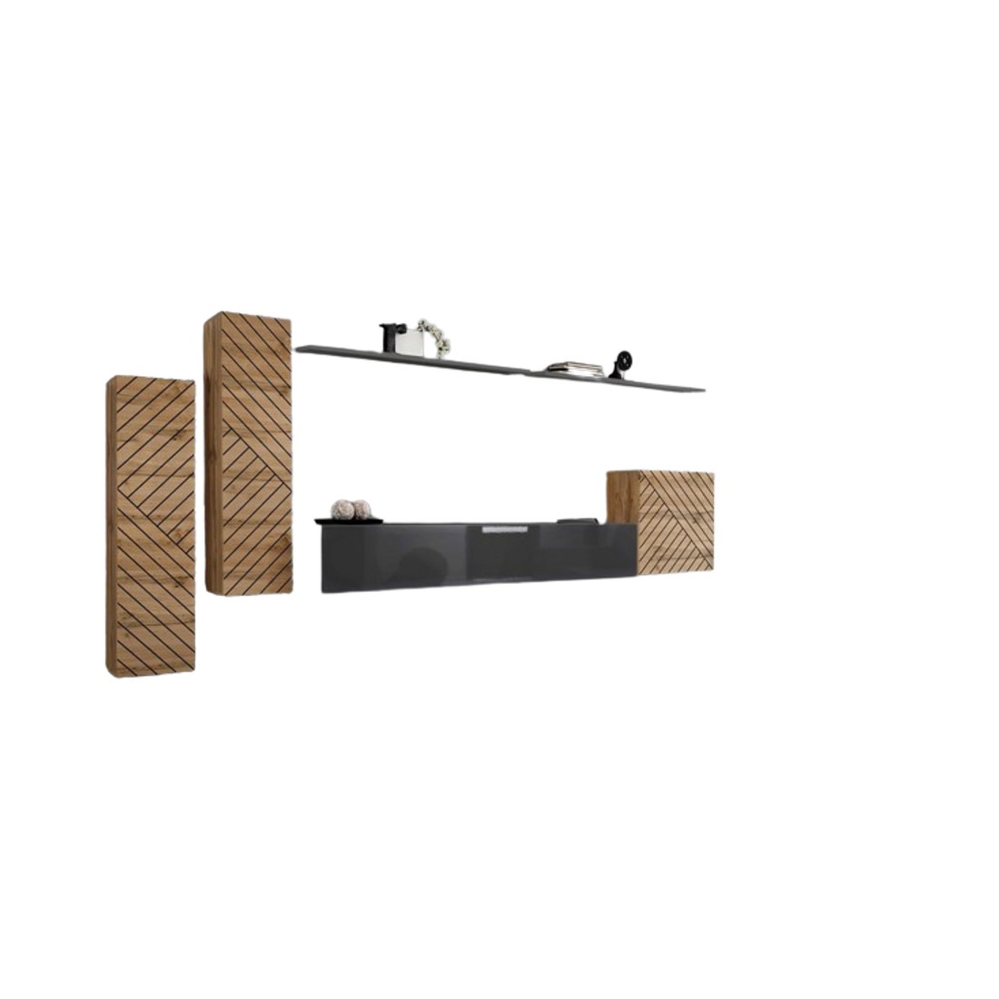 Ensemble meuble salon SWITCH I design, coloris chêne wotan et gris. Finitions façades effet chêne fraisé.
