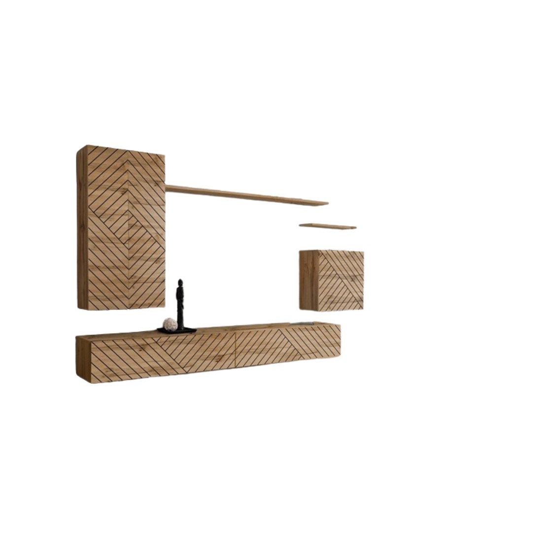 Ensemble meuble salon SWITCH II design, coloris chêne wotan. Finitions façades effet chêne fraisé.