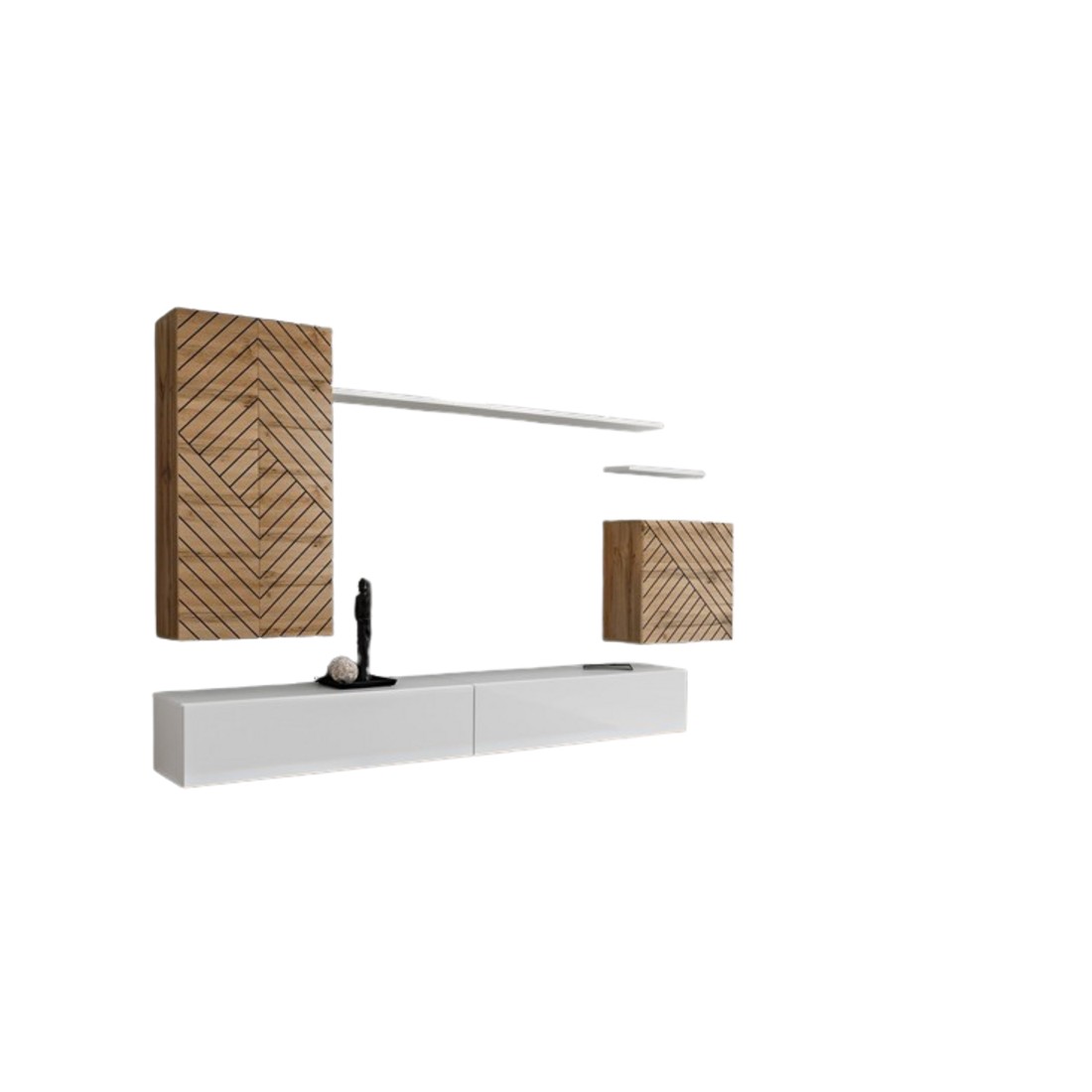 Ensemble meuble salon SWITCH II design, coloris chêne wotan et blanc. Finitions effet chêne fraisé.