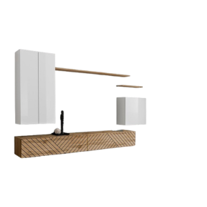 Ensemble meuble salon SWITCH II design, coloris blanc et chêne wotan. Finitions effet blanc brillant et chêne fraisé.