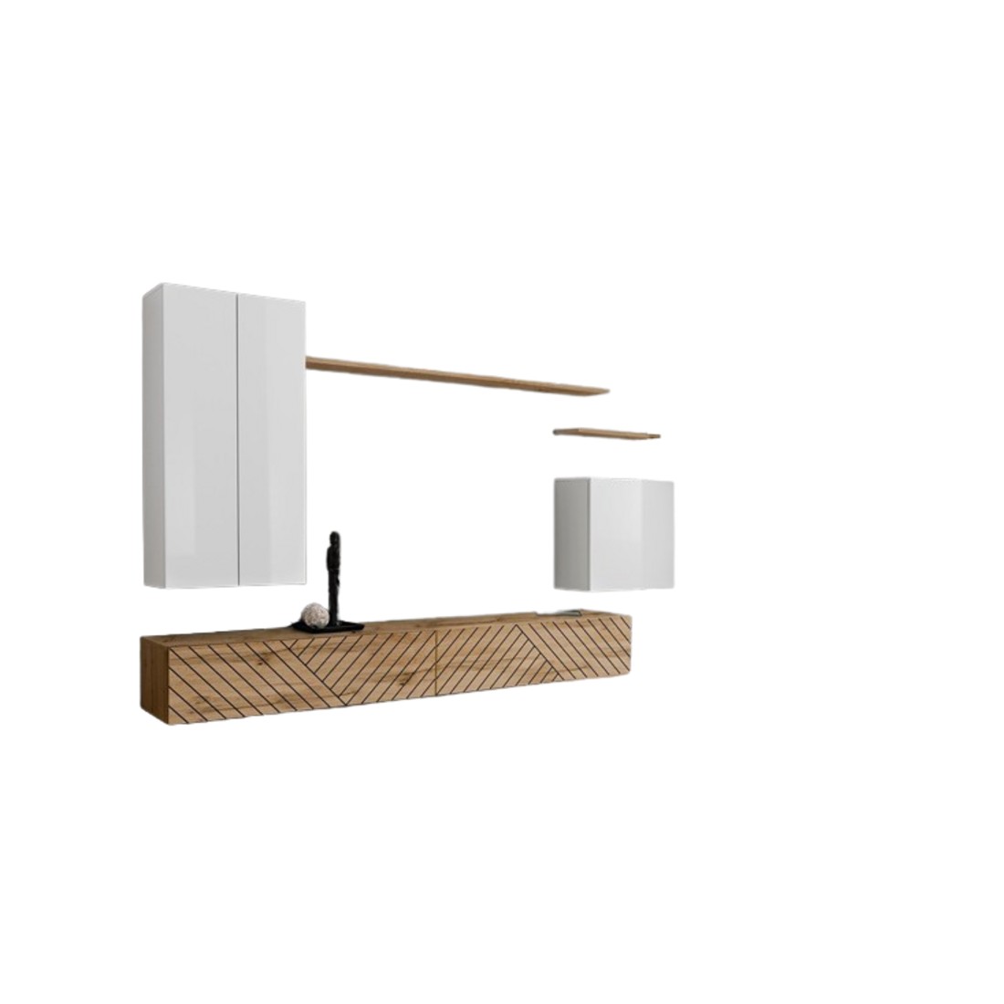Ensemble meuble salon SWITCH II design, coloris blanc et chêne wotan. Finitions effet blanc brillant et chêne fraisé.