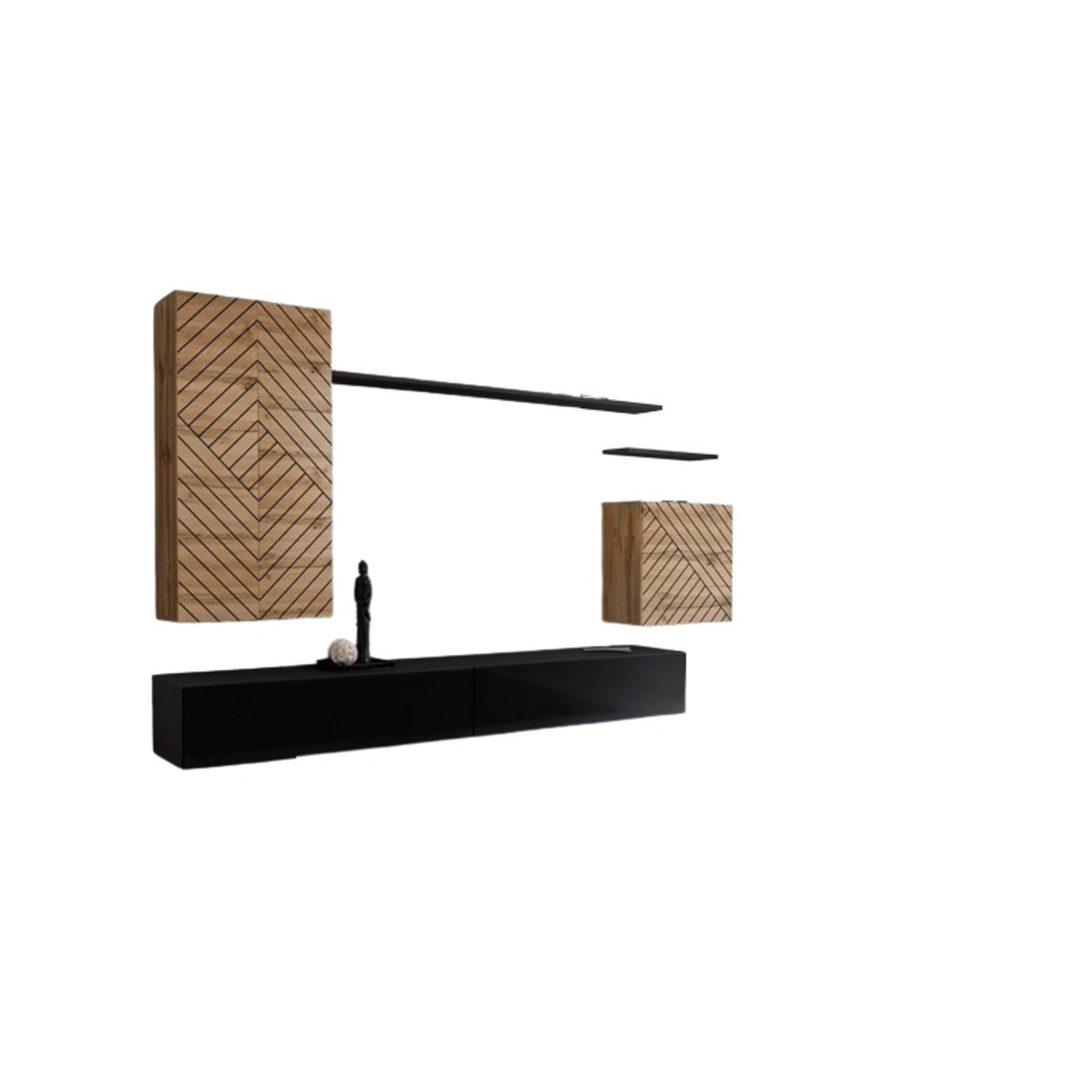 Ensemble meuble salon SWITCH II design, coloris chêne wotan et noir. Finitions effet chêne fraisé et noir brillant