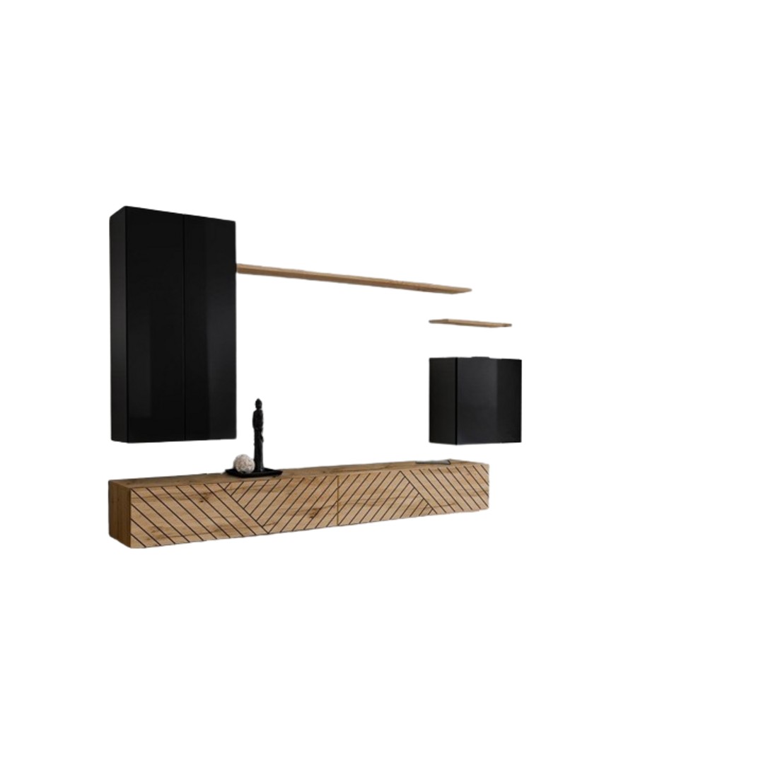 Ensemble meuble salon SWITCH II design, coloris noir et chêne wotan. Finitions effet noir brillant et chêne fraisé.
