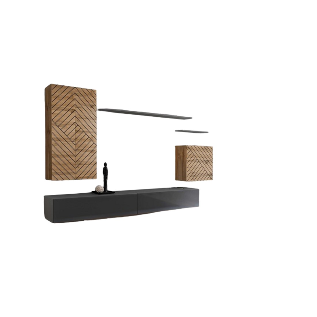 Ensemble meuble salon SWITCH II design, coloris chêne wotan et gris. Finitions effet chêne fraisé et gris brillant