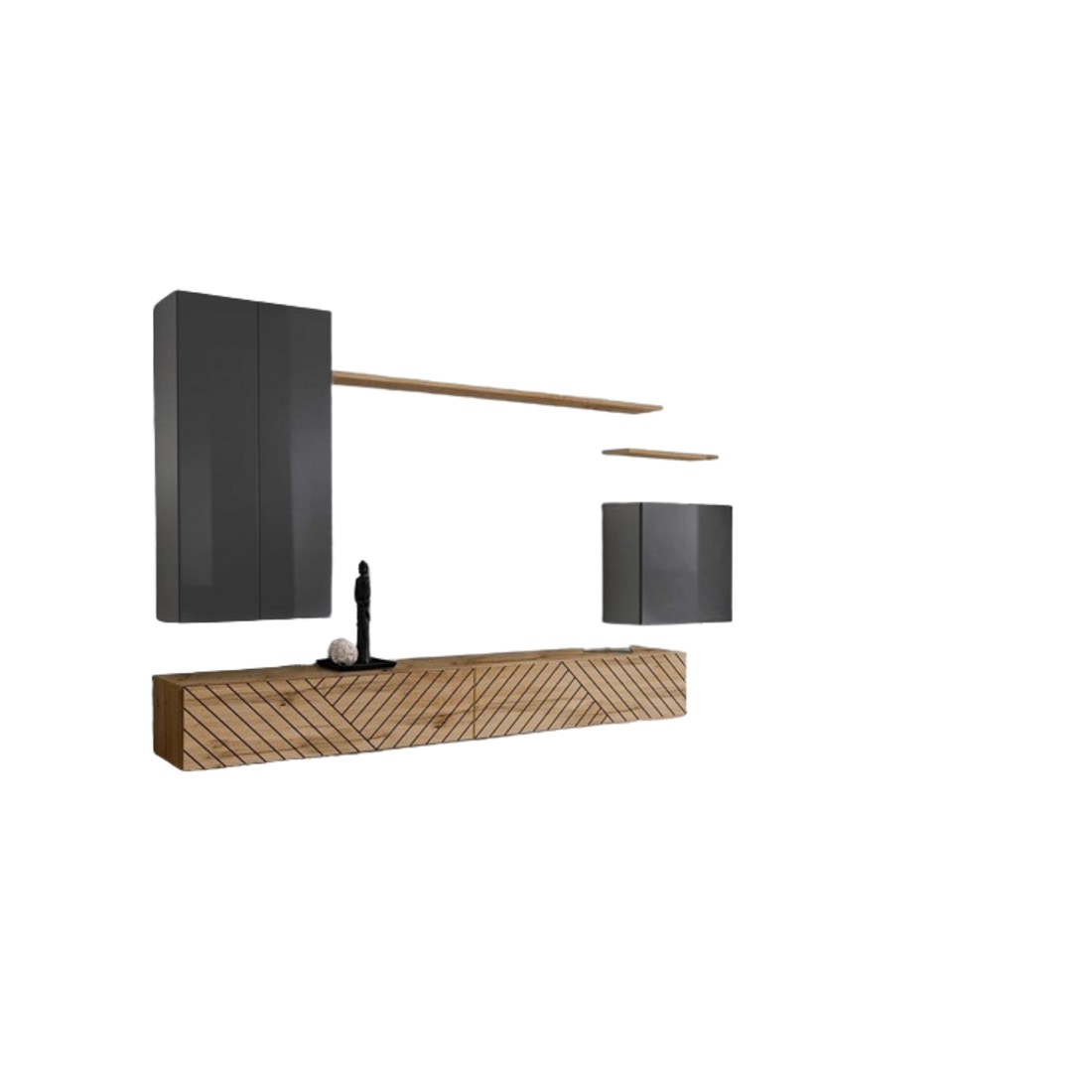 Ensemble meuble salon SWITCH II design, coloris gris et chêne wotan. Finitions effet gris brillant et chêne fraisé.