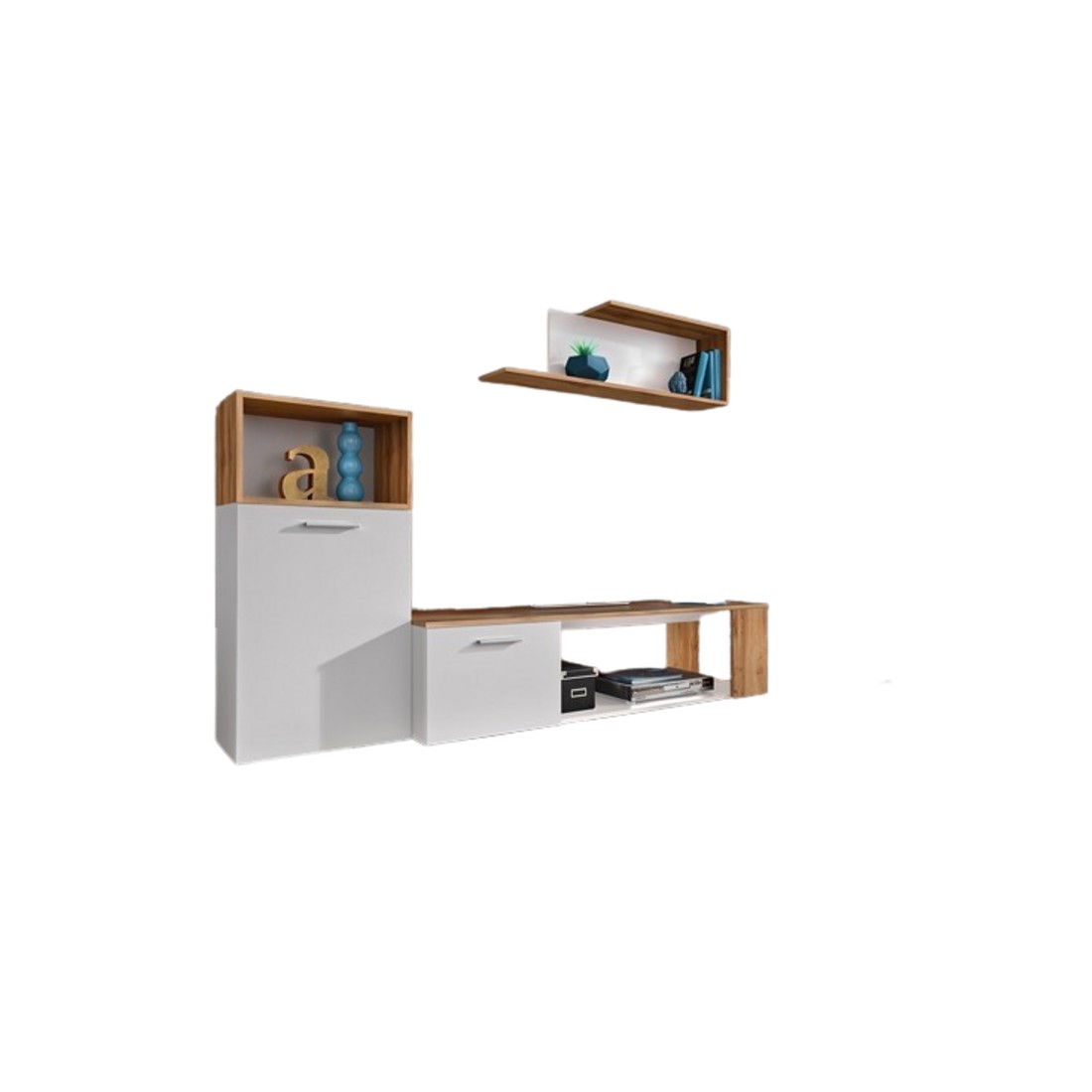Ensemble de 3 meubles design pour votre salon collection MOZES. Coloris blanc et chêne