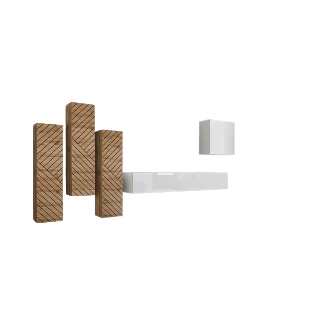 Ensemble meuble salon SWITCH III design, coloris blanc et chêne Wotan. Finitions brillant et effet chêne fraisé.