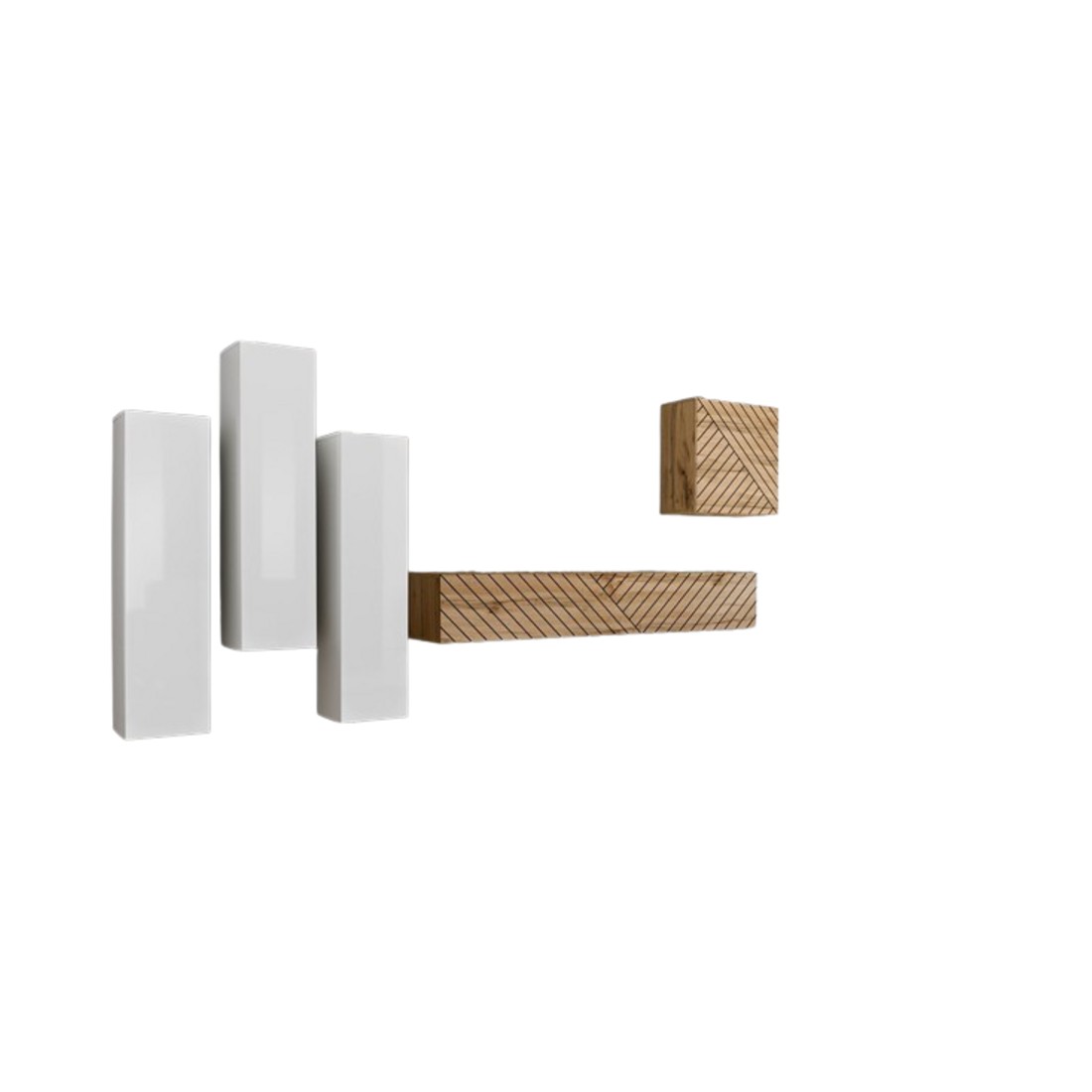 Ensemble meuble salon SWITCH III design, coloris chêne et blanc. Finitions effet chêne fraisé et brillant.