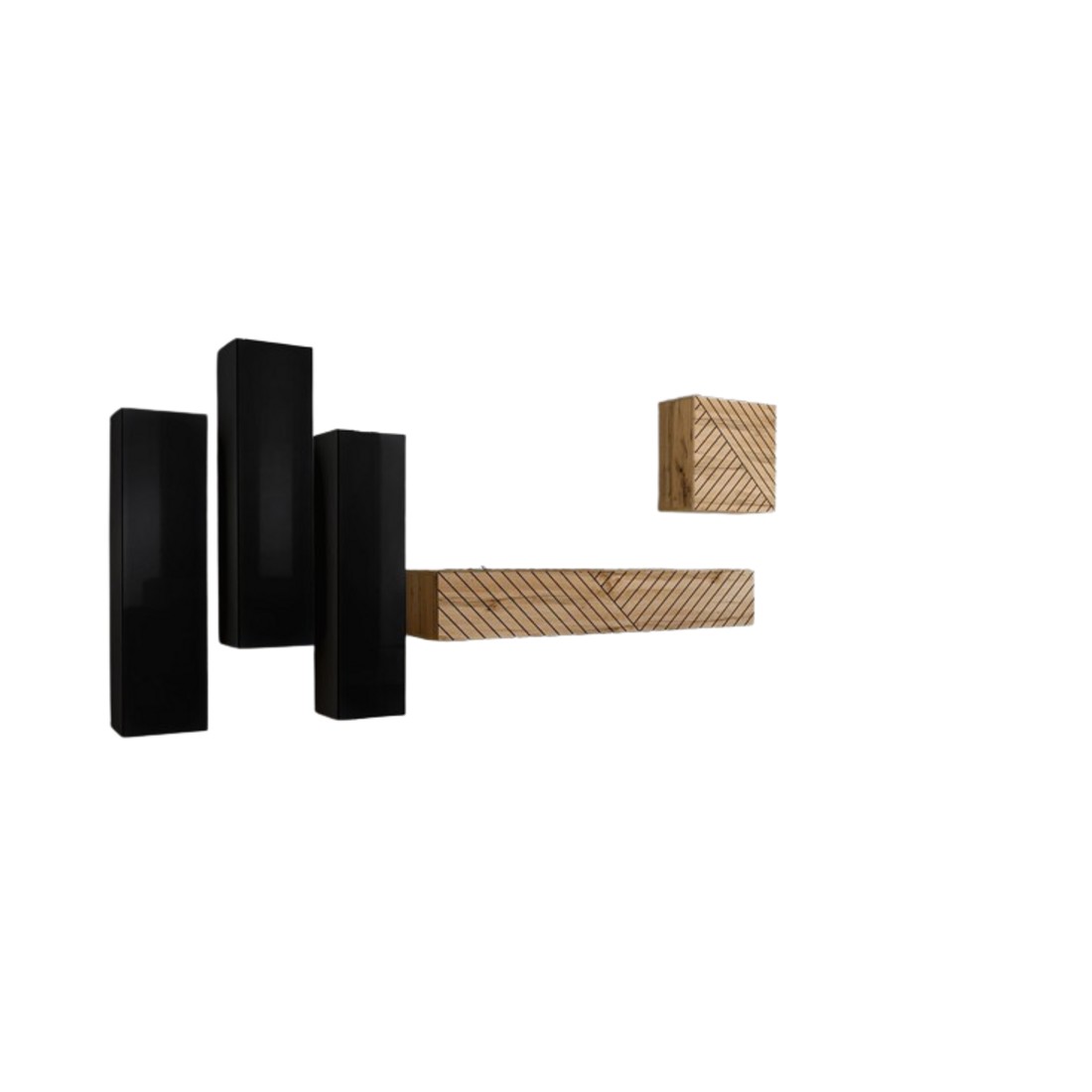 Ensemble meuble salon SWITCH III design, coloris noir et chêne. Finitions brillant et effet chêne fraisé.