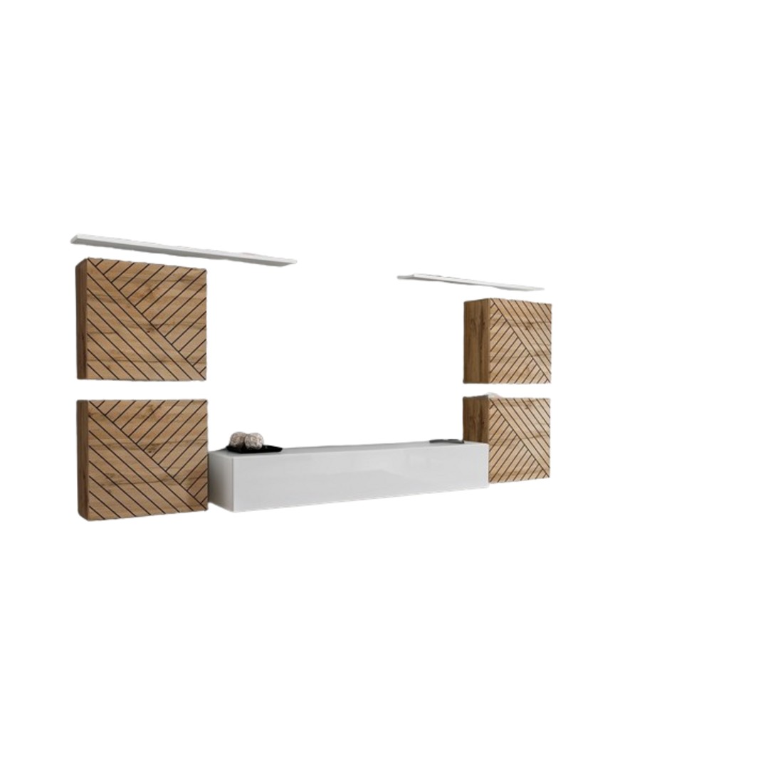Ensemble meuble salon SWITCH IV. Coloris chêne wotan et blanc. Finitions chêne fraisé et blanc brillant .