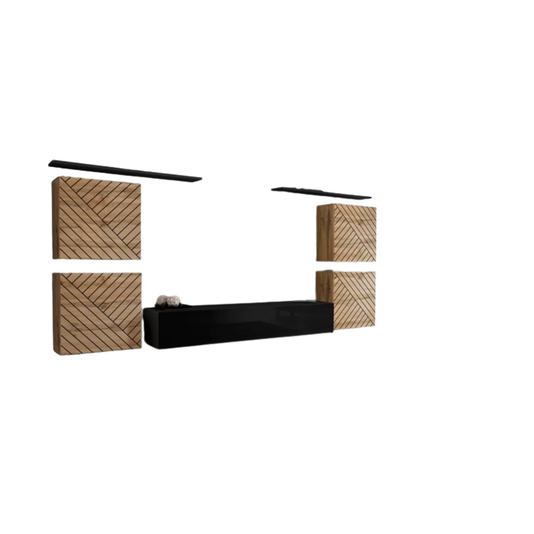 Ensemble meuble salon SWITCH IV. Coloris chêne wotan et noir. Finitions chêne fraisé et noir brillant .