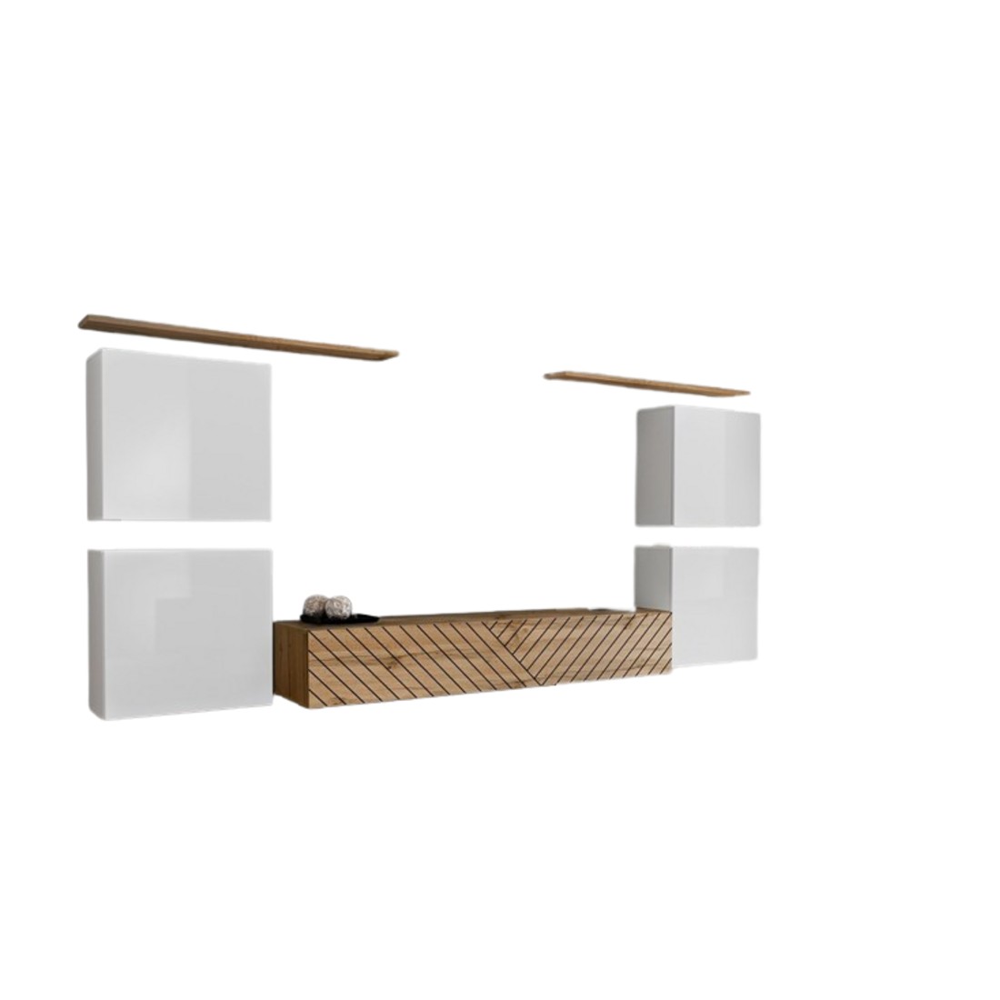 Ensemble de meubles design de salon SWITCH IV. Coloris blanc et chêne. Finitions chêne fraisé et blanc brillant .