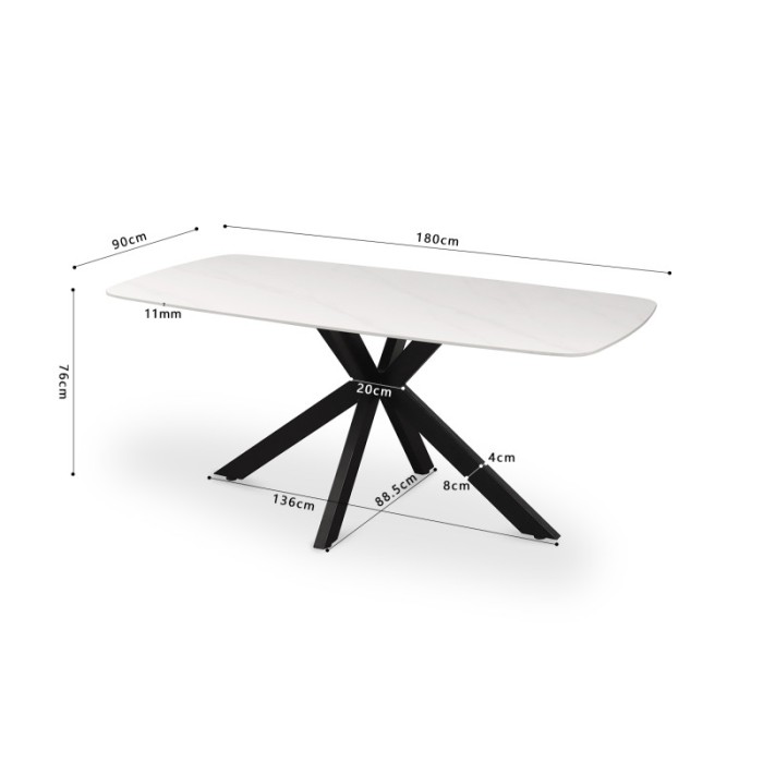 Table à manger VINCI longueur 180cm avec plateau de 12mm en pierre effet marbre blanc