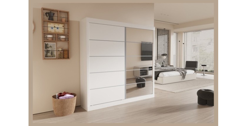 Garde Robe MILS, armoire 2 portes coulissantes avec miroir coloris blanc