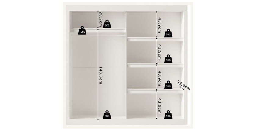 Garde Robe MILS, armoire 2 portes coulissantes avec miroir coloris blanc