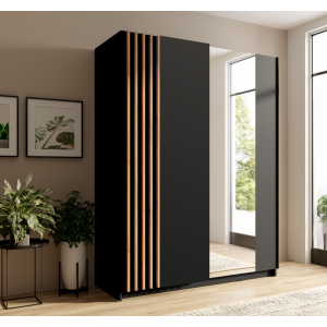 Armoire design 150cm coloris noir et chêne collection VARIA. Deux portes coulissantes. Dressing complet avec miroir.