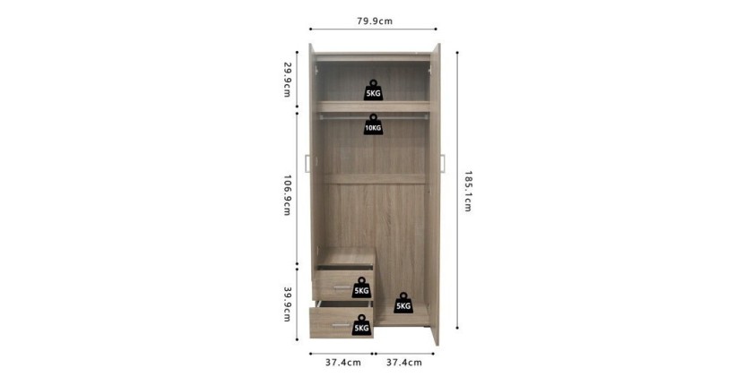 Armoire TOM 2 portes avec miroir Sonoma