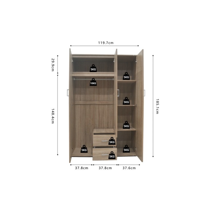 Armoire, garde-robe, avec miroir collection TOM, 3 portes 120 cm, penderie intégrée chêne sonoma