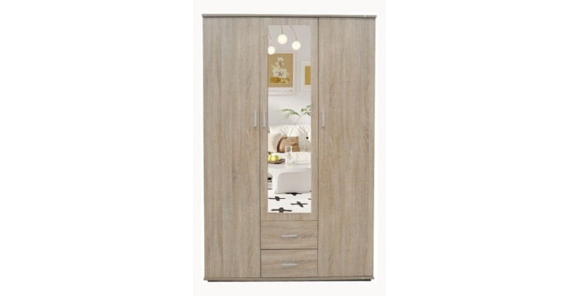 Armoire, garde-robe, avec miroir collection TOM, 3 portes 120 cm, penderie intégrée chêne sonoma