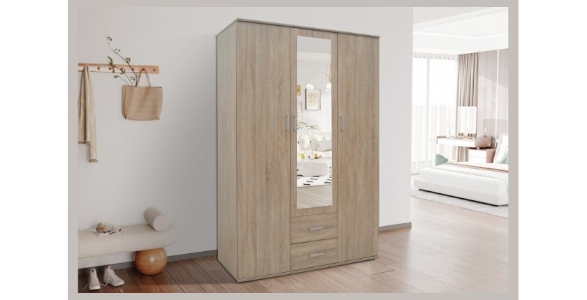 Armoire, garde-robe, avec miroir collection TOM, 3 portes 120 cm, penderie intégrée chêne sonoma