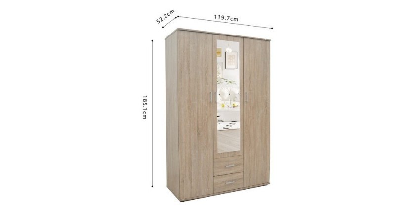 Armoire, garde-robe, avec miroir collection TOM, 3 portes 120 cm, penderie intégrée chêne sonoma