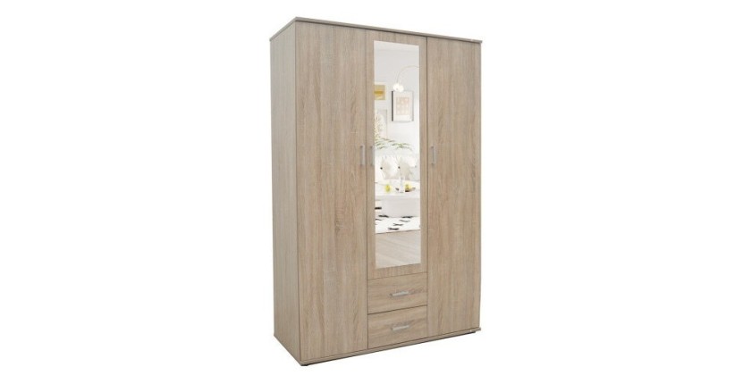Armoire, garde-robe, avec miroir collection TOM, 3 portes 120 cm, penderie intégrée chêne sonoma