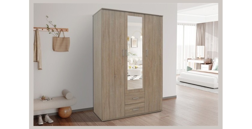 Armoire, garde-robe, avec miroir collection TOM, 3 portes 120 cm, penderie intégrée chêne sonoma