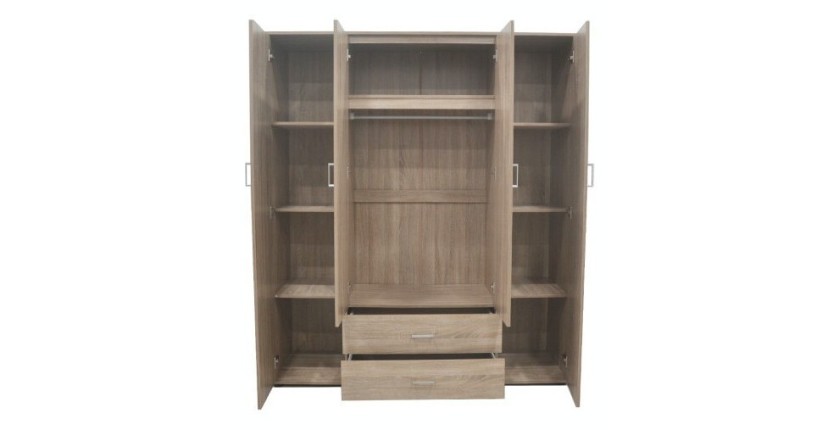 Armoire, garde-robe, avec miroir collection TOM, 4 portes 160 cm, penderie intégrée chêne sonoma