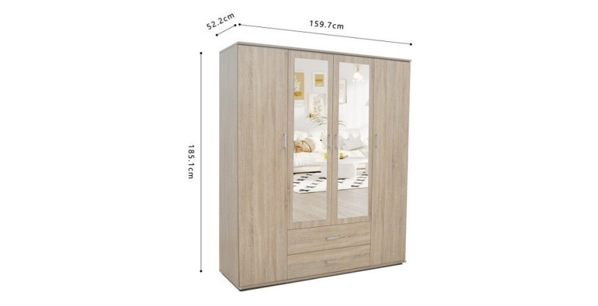 Armoire, garde-robe, avec miroir collection TOM, 4 portes 160 cm, penderie intégrée chêne sonoma