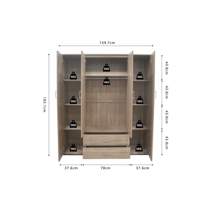 Armoire, garde-robe, avec miroir collection TOM, 4 portes 160 cm, penderie intégrée chêne sonoma