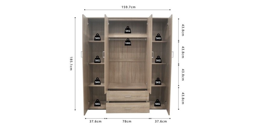 Armoire, garde-robe, avec miroir collection TOM, 4 portes 160 cm, penderie intégrée chêne sonoma