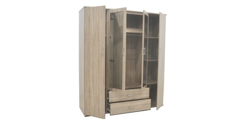 Armoire, garde-robe, avec miroir collection TOM, 4 portes 160 cm, penderie intégrée chêne sonoma