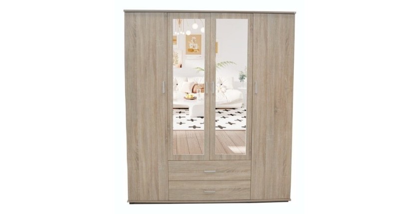 Armoire, garde-robe, avec miroir collection TOM, 4 portes 160 cm, penderie intégrée chêne sonoma