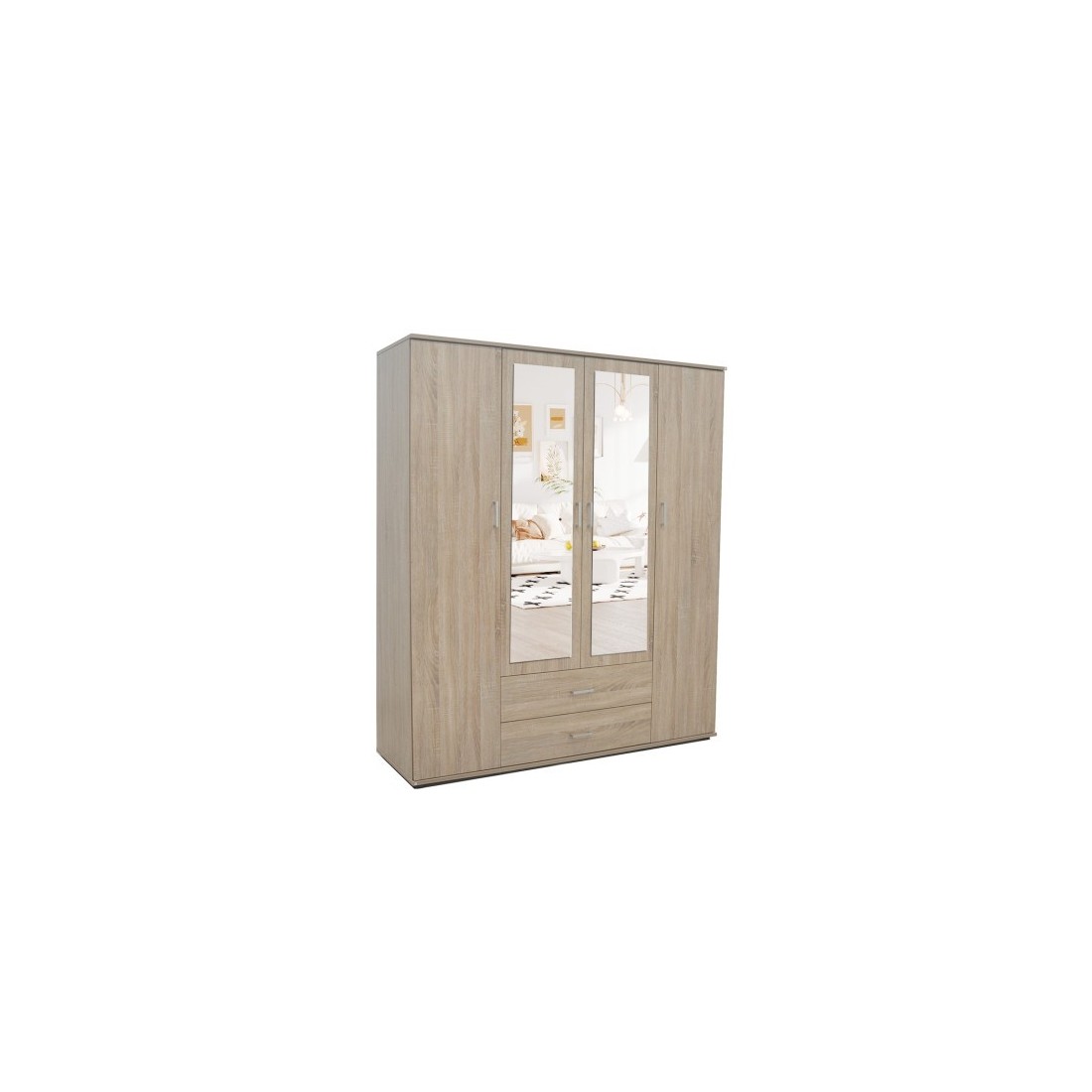 Armoire, garde-robe, avec miroir collection TOM, 4 portes 160 cm, penderie intégrée chêne sonoma