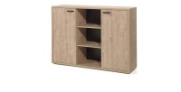Buffet bas de rangement pour bureau 2 portes et étagères coloris chêne doré collection DEPÉ