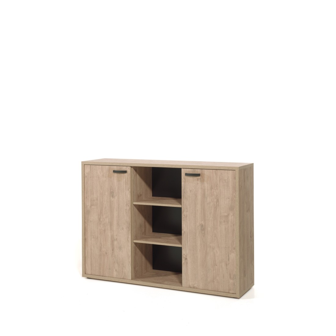 Buffet bas de rangement pour bureau 2 portes et étagères coloris chêne doré collection DEPÉ