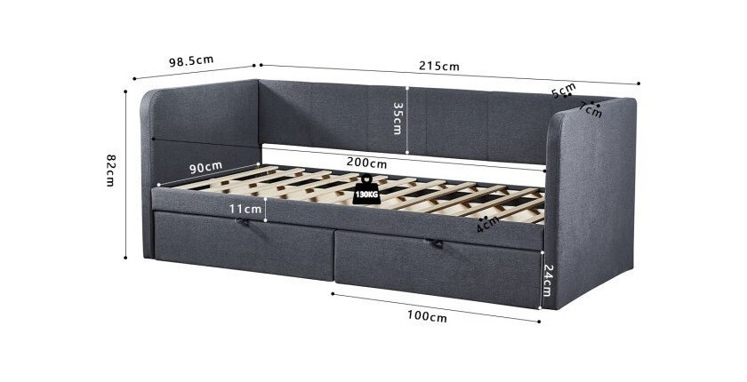 Lit avec revêtement en tissu 90x200 cm SAMMY, coloris gris foncé